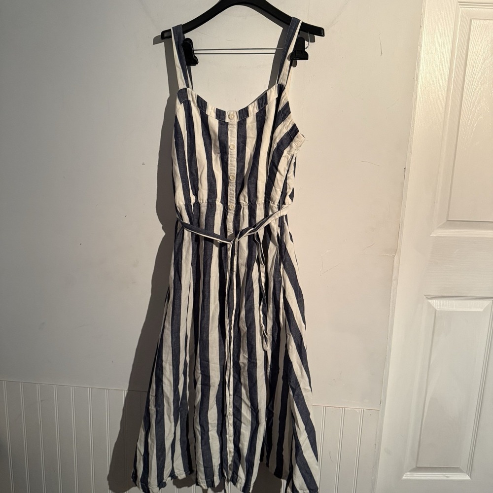 Pact Harbour Midi Dress Large‎ Stripe Nautical Cotton Linen Classic Resort Blue